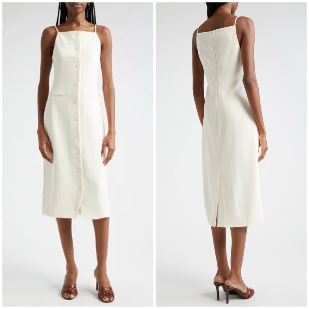 New Staud Una Tailored Midi Dress Ivory White Button Front Sleeveless Sz M